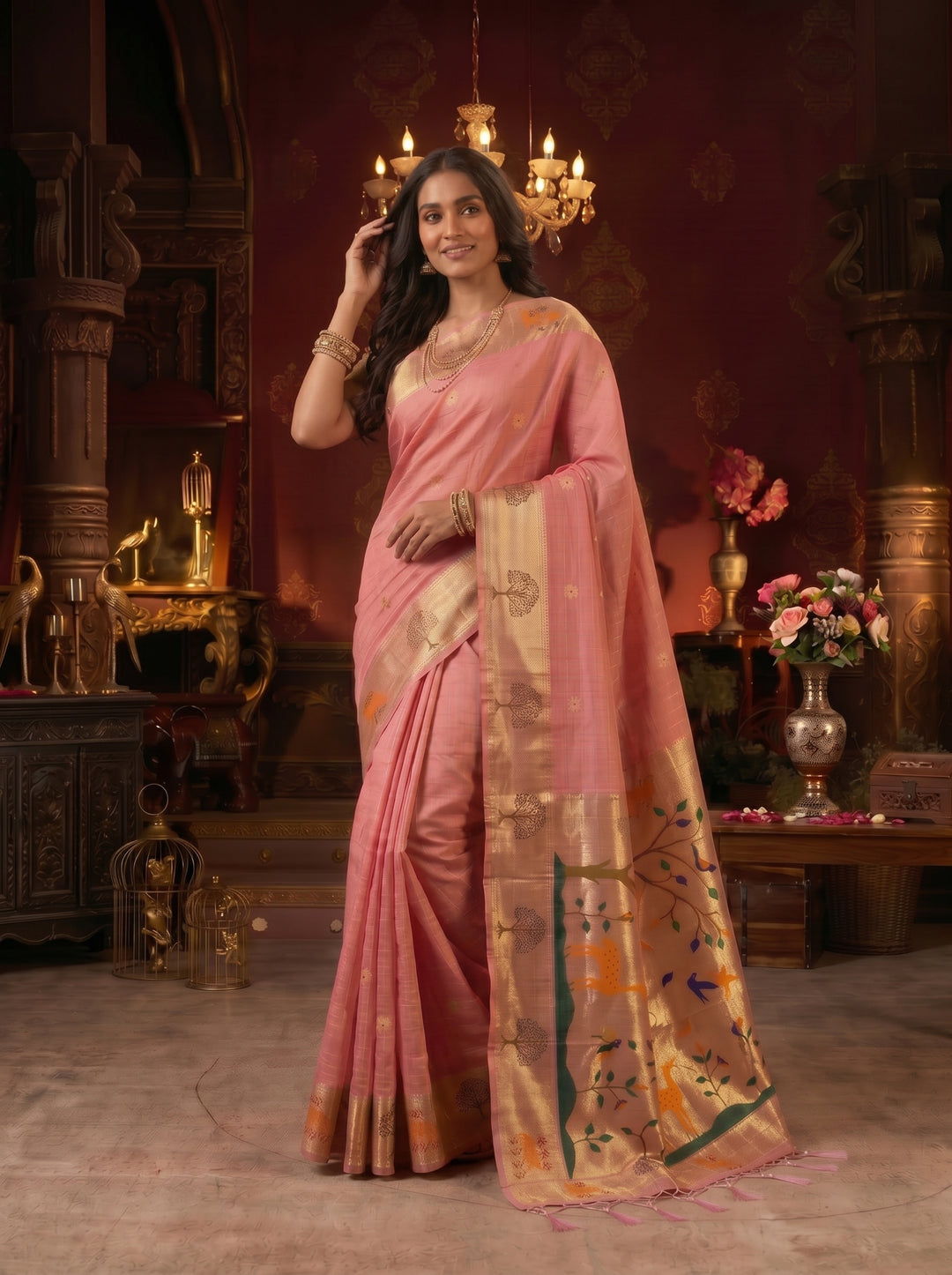 PEACH PINK SOFT COTTON SILK JACQUARD SAREE WITH COPPER-GOLDEN ZARI BORDER | NATURE-INSPIRED TREE & DEER MOTIF SAREE WITH UNSTITCHED BLOUSE