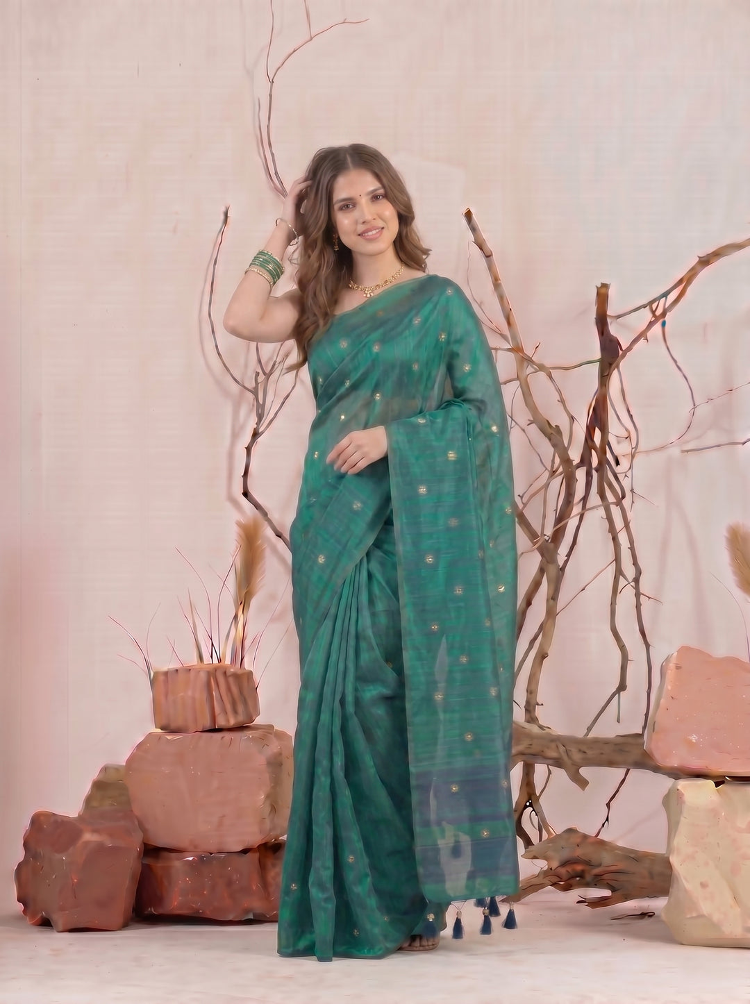 Rama Green Chanderi Silk Saree with Mirror Work