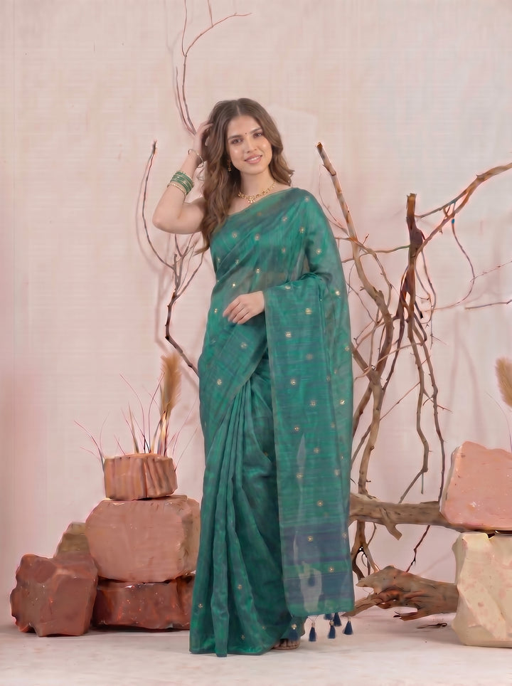 Rama Green Chanderi Silk Saree with Mirror Work