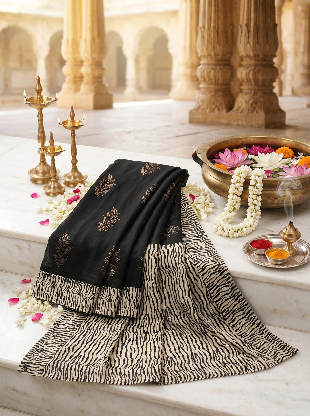 PREMIUM SOFT ART SILK SAREE WITH BLACK & WHITE WAVY PRINTED BORDER & GOLDEN LEAF MOTIFS