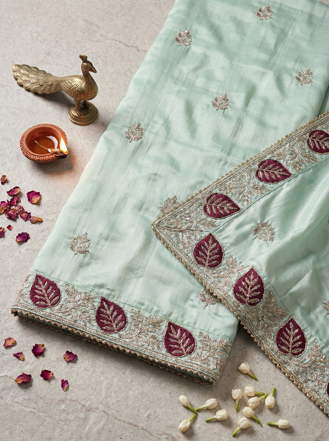Pista Green Silk Saree with Maroon Leaf Embroidery