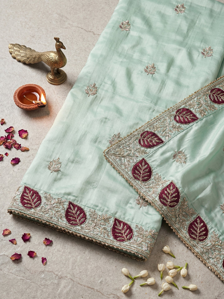 Pista Green Silk Saree with Maroon Leaf Embroidery