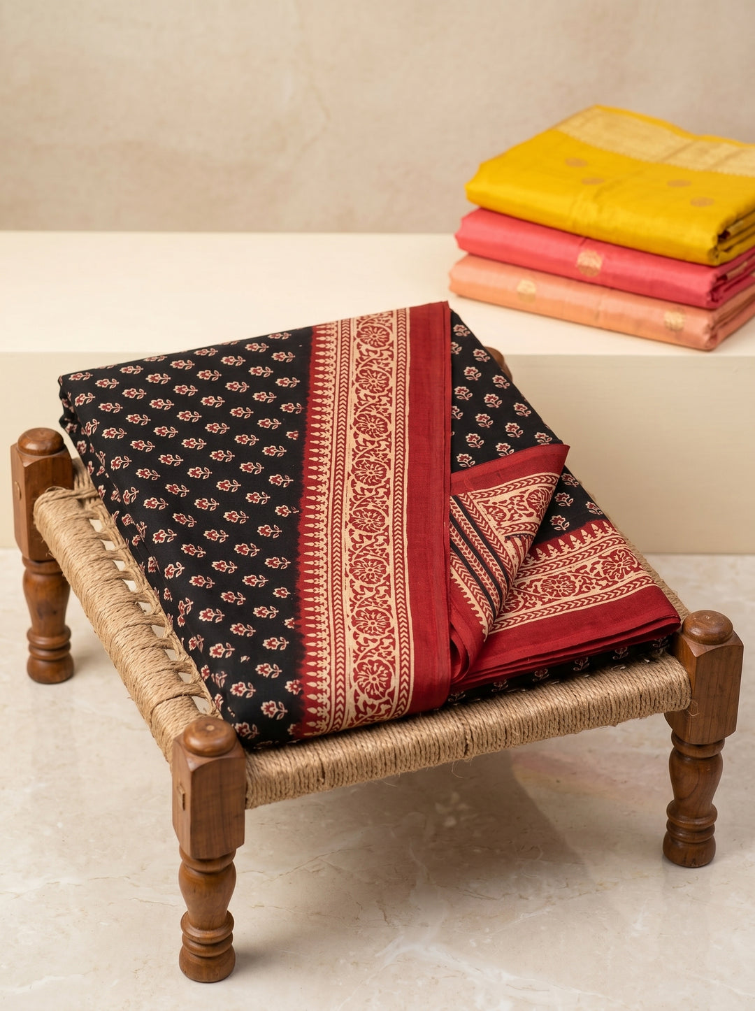PREMIUM SOFT ART SILK SAREE WITH TRADITIONAL ALL-OVER BOOTI PRINT & CONTRAST WOVEN BORDER - BLACK & RED