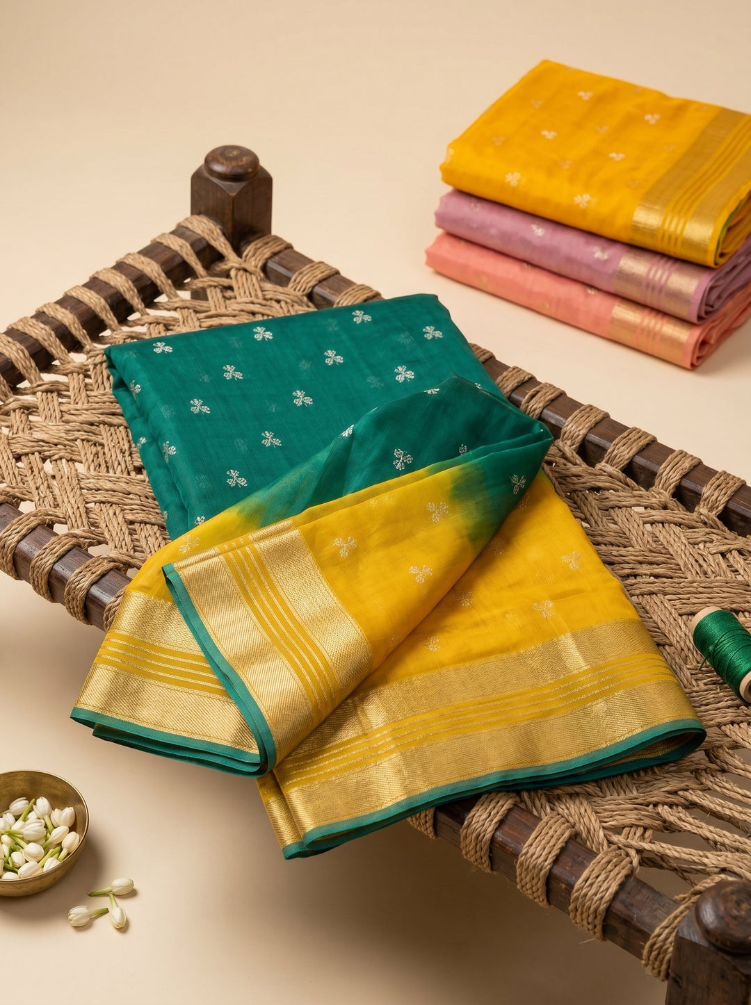 PREMIUM LIGHTWEIGHT GEORGETTE LEHERIYA SAREE WITH GOLDEN BUTTI & ZARI WOVEN BORDER - ORANGE & RED