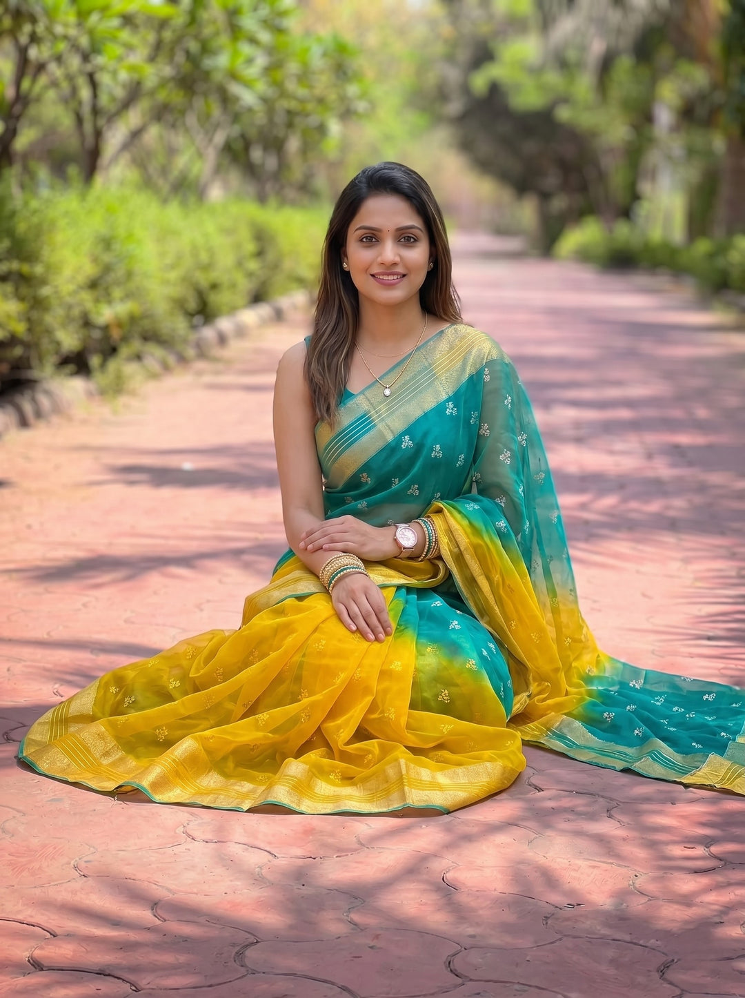 PREMIUM LIGHTWEIGHT GEORGETTE LEHERIYA SAREE WITH GOLDEN BUTTI & ZARI WOVEN BORDER - ORANGE & RED