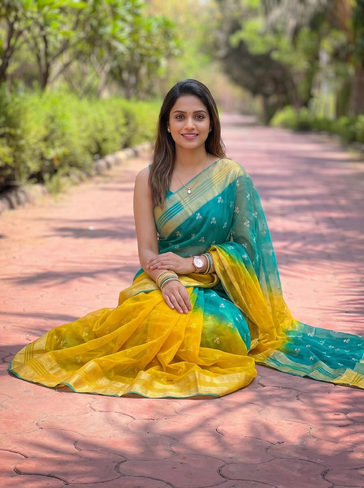PREMIUM LIGHTWEIGHT GEORGETTE LEHERIYA SAREE WITH GOLDEN BUTTI & ZARI WOVEN BORDER - ORANGE & RED
