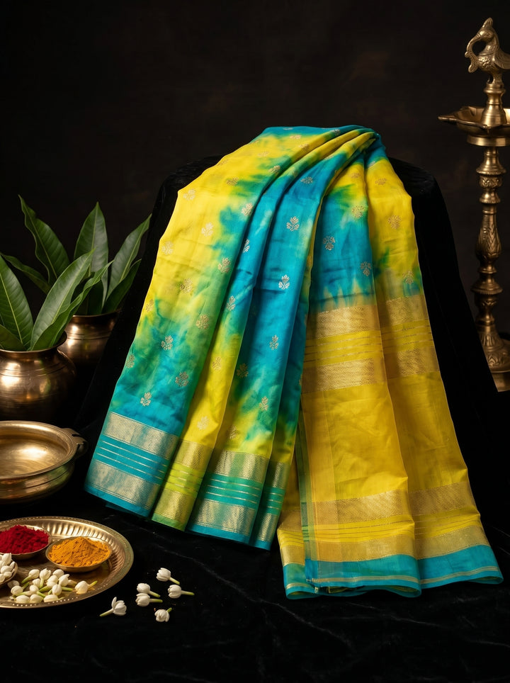 PREMIUM LIGHTWEIGHT GEORGETTE LEHERIYA SAREE WITH GOLDEN BUTTI & ZARI WOVEN BORDER - BLUE & YELLOW