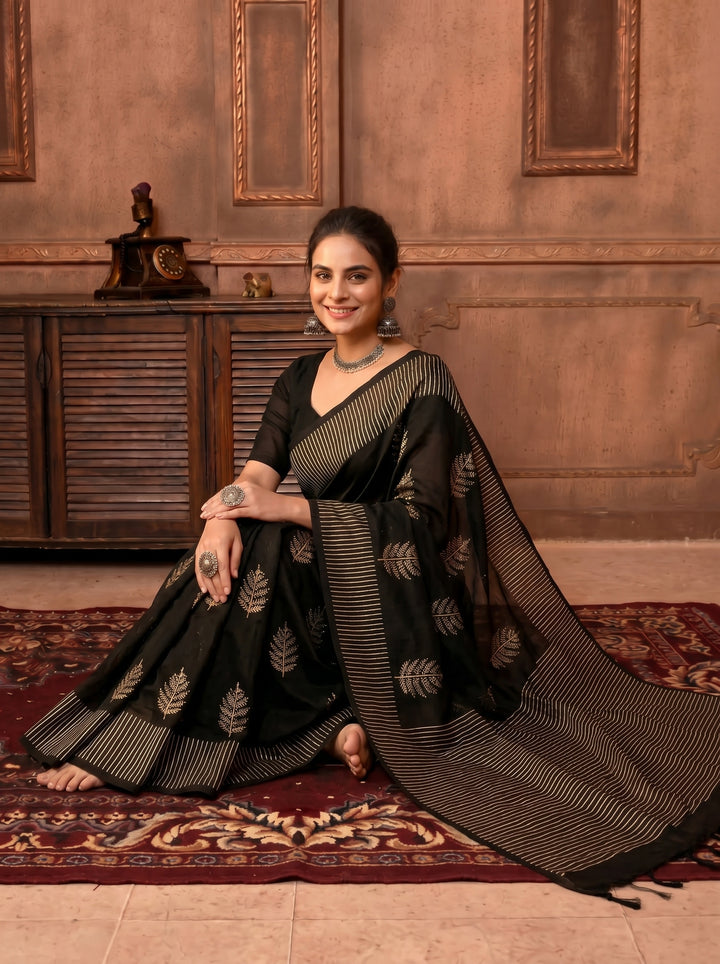 PREMIUM SOFT ART SILK SAREE WITH BLACK & WHITE STRIPED BORDER & ELEGANT LEAF MOTIFS - BLACK