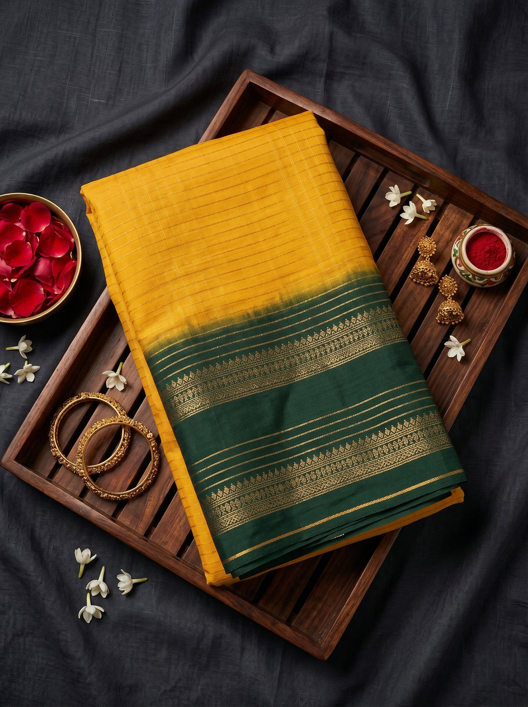 YELLOW SOFT SILK JACQUARD WOVEN SAREE WITH DARK GREEN ZARI BORDER | GOLD ZARI LEHERIYA PATTERN FESTIVE SAREE WITH UNSTITCHED BLOUSE PIECE
