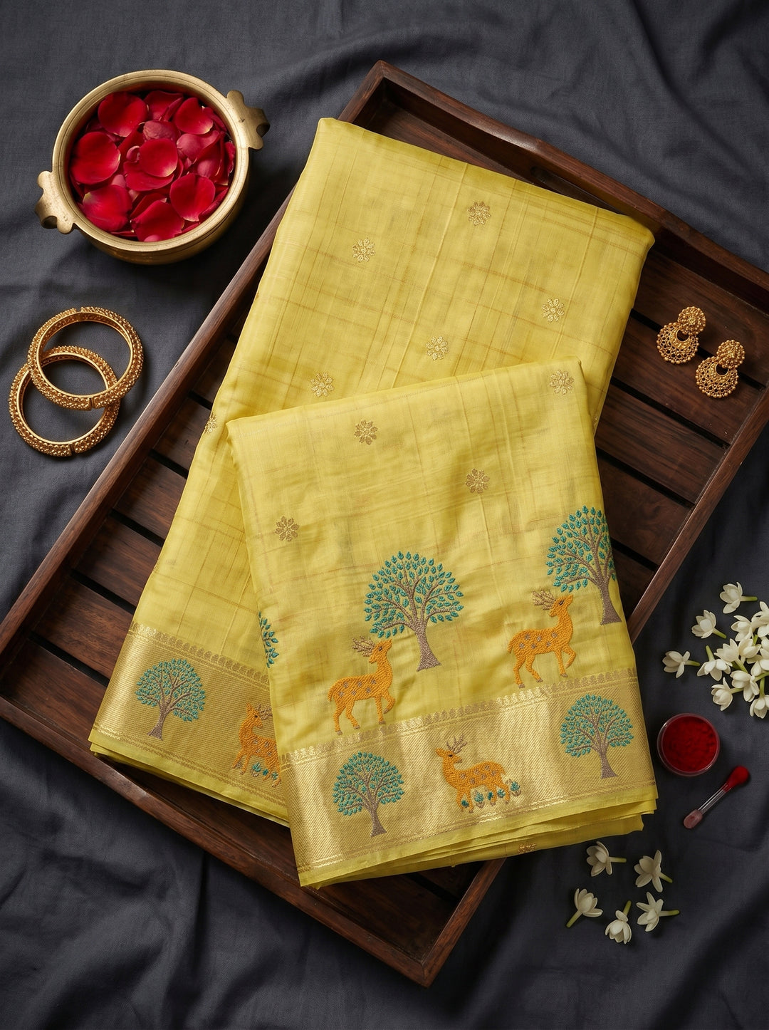 LEMON YELLOW SOFT COTTON SILK JACQUARD SAREE WITH GOLDEN ZARI BORDER | NATURE-THEMED TREE & DEER MOTIF SAREE WITH UNSTITCHED BLOUSE PIECE