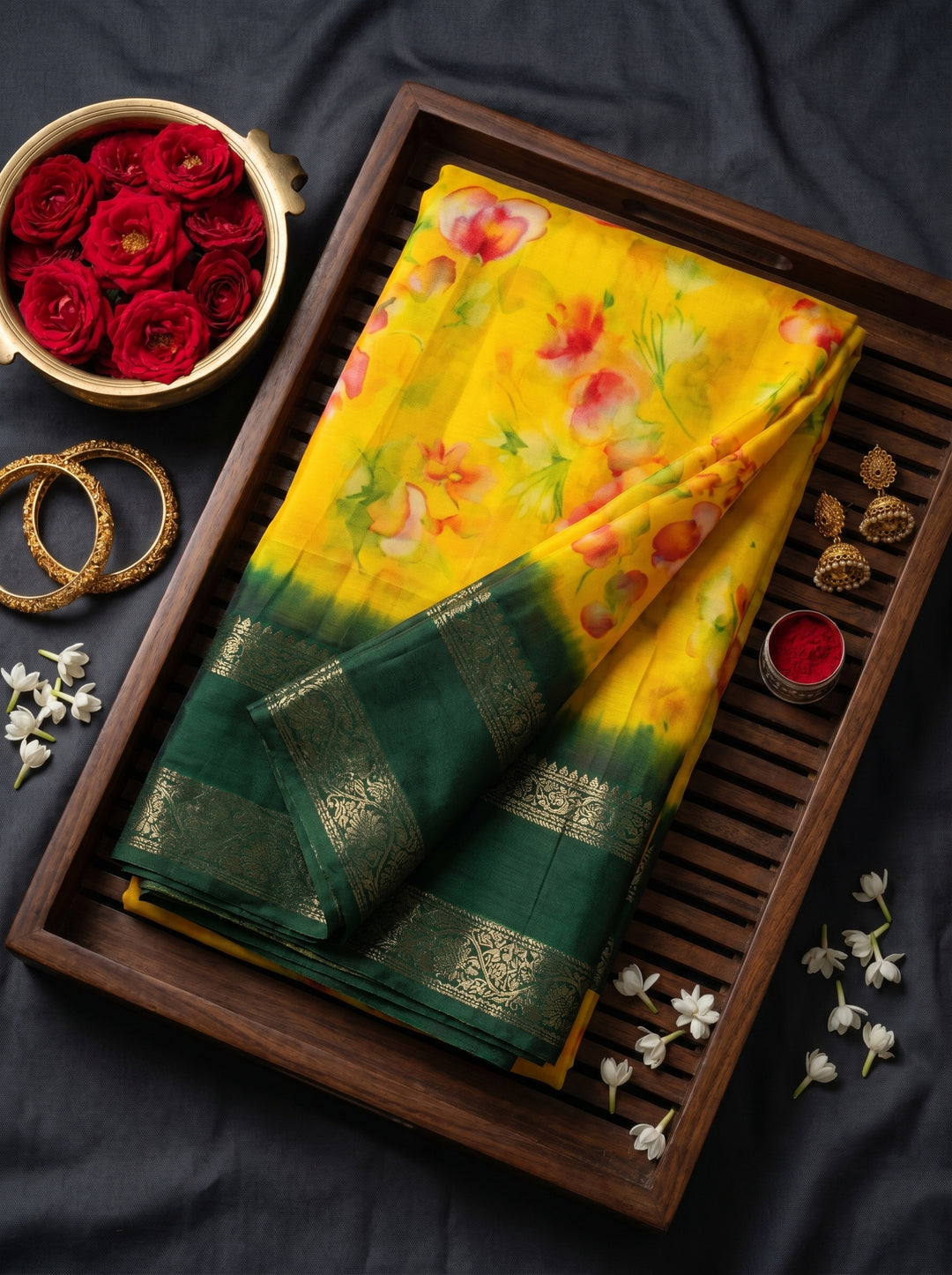 Yellow Floral Print Georgette Saree with Green Border