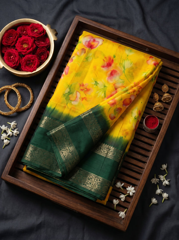 Yellow Floral Print Georgette Saree with Green Border