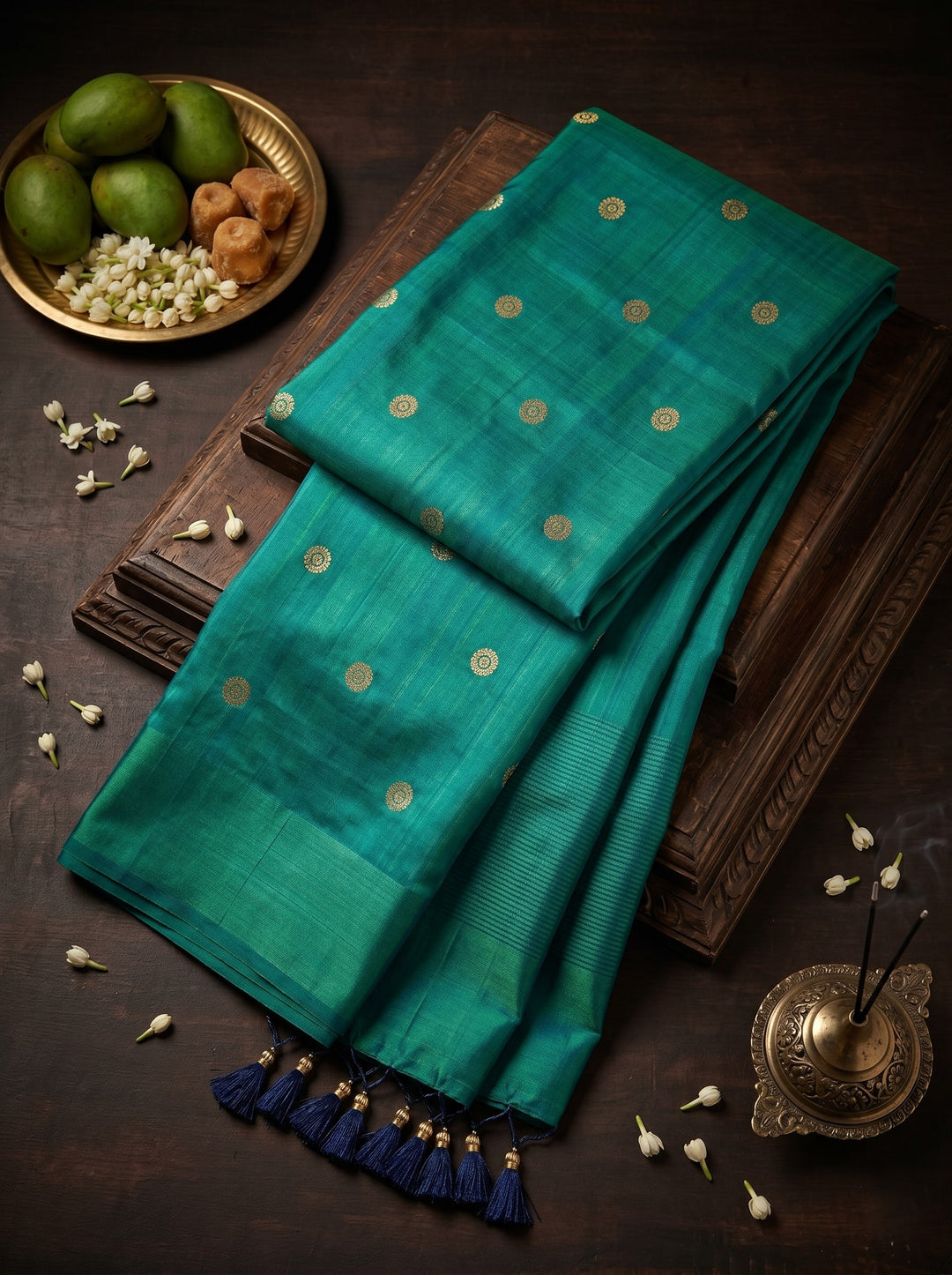 RAMA GREEN SOFT SILK BLEND SAREE WITH MIRROR WORK BUTTI & STYLISH TASSELS | CHANDERI SILK PARTY WEAR SAREE WITH UNSTITCHED BLOUSE PIECE