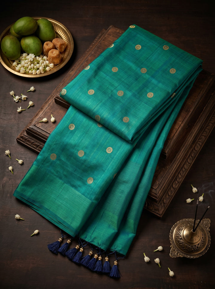 RAMA GREEN SOFT SILK BLEND SAREE WITH MIRROR WORK BUTTI & STYLISH TASSELS | CHANDERI SILK PARTY WEAR SAREE WITH UNSTITCHED BLOUSE PIECE