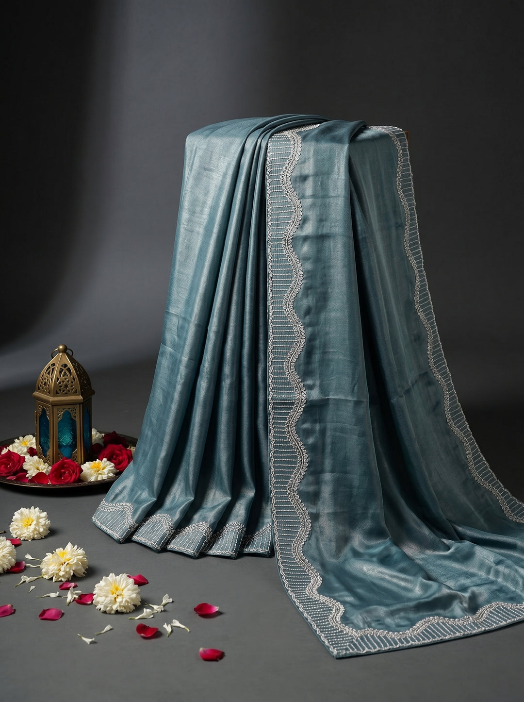 Ocean Teal Shimmer Silk Saree with Designer Scallop Border