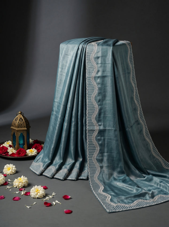 Ocean Teal Shimmer Silk Saree with Designer Scallop Border