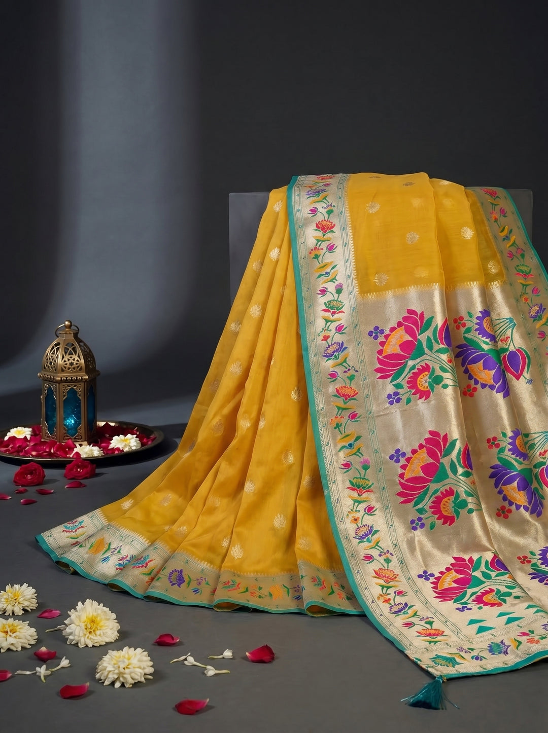Mustard Yellow Paithani Motif Silk Saree