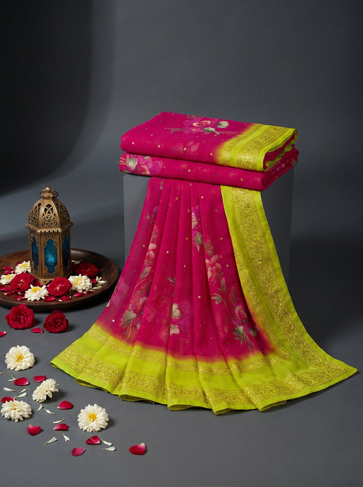 Floral Print Georgette Saree with Border Detail