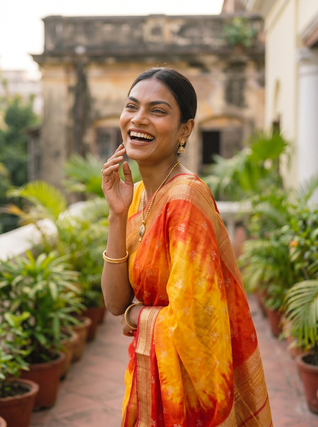 PREMIUM LIGHTWEIGHT GEORGETTE LEHERIYA SAREE WITH GOLDEN BUTTI & ZARI WOVEN BORDER - YELLOW & RED