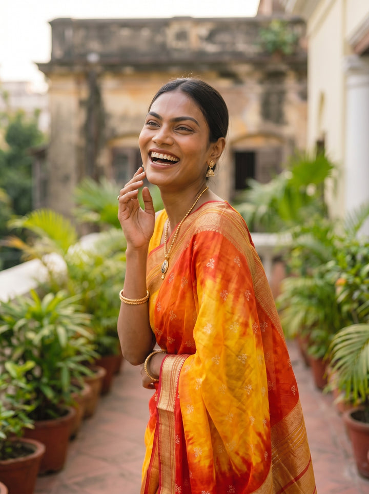 PREMIUM LIGHTWEIGHT GEORGETTE LEHERIYA SAREE WITH GOLDEN BUTTI & ZARI WOVEN BORDER - YELLOW & RED