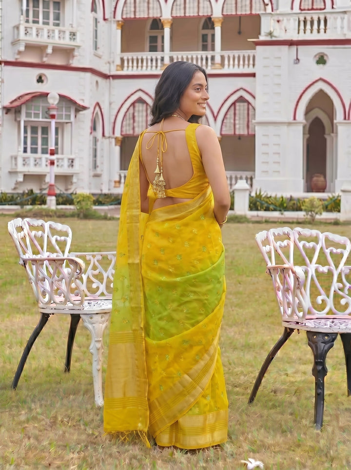 WOMEN'S YELLOW & GREEN GEORGETTE LEHERIYA PRINT SAREE WITH GOLDEN BUTTI WORK | SOFT ART SILK FESTIVE SAREE FOR HALDI & MEHENDI WITH UNSTITCHED BLOUSE