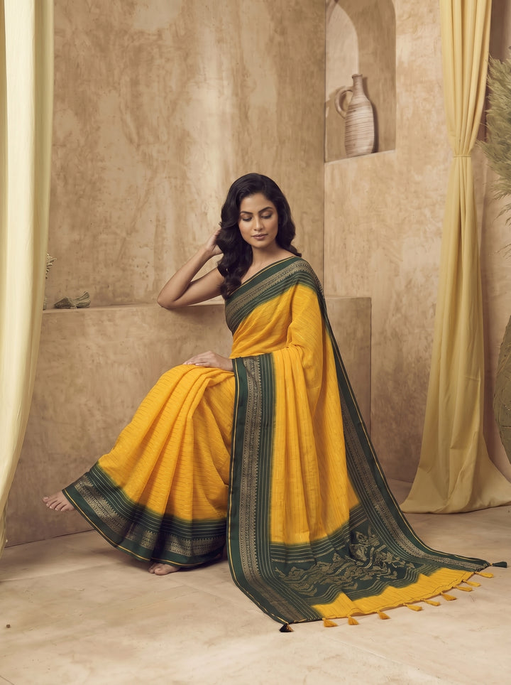 YELLOW SOFT SILK JACQUARD WOVEN SAREE WITH DARK GREEN ZARI BORDER | GOLD ZARI LEHERIYA PATTERN FESTIVE SAREE WITH UNSTITCHED BLOUSE PIECE
