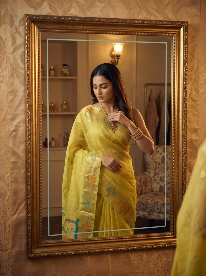 LEMON YELLOW SOFT COTTON SILK JACQUARD SAREE WITH GOLDEN ZARI BORDER | NATURE-THEMED TREE & DEER MOTIF SAREE WITH UNSTITCHED BLOUSE PIECE