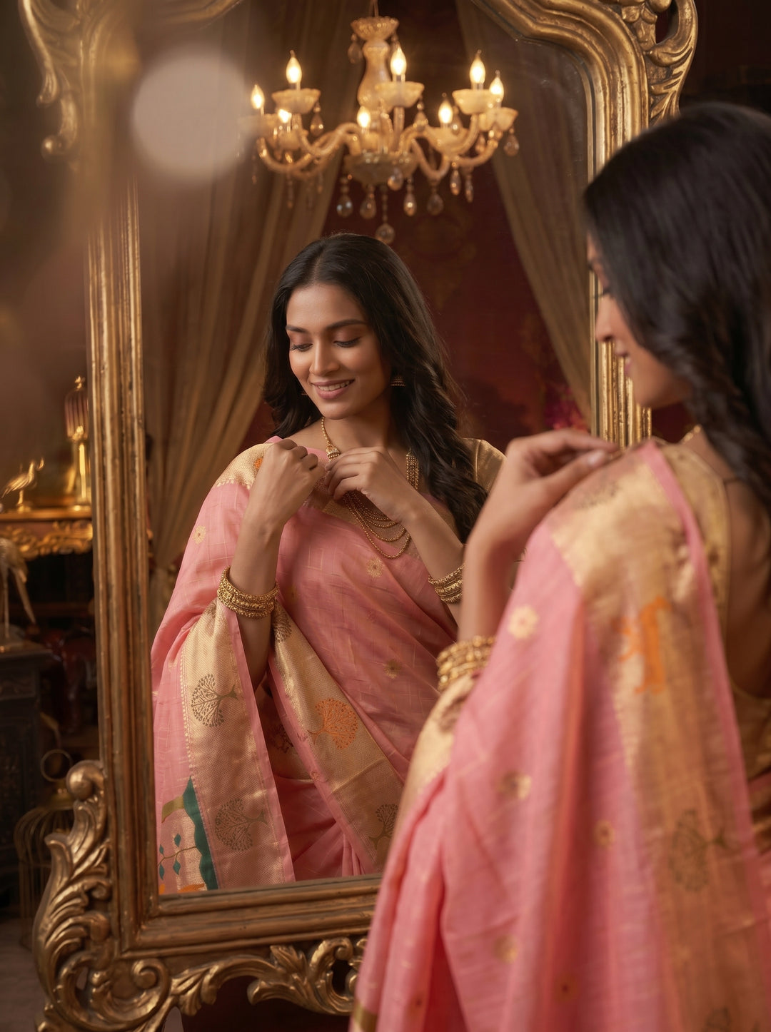 PEACH PINK SOFT COTTON SILK JACQUARD SAREE WITH COPPER-GOLDEN ZARI BORDER | NATURE-INSPIRED TREE & DEER MOTIF SAREE WITH UNSTITCHED BLOUSE