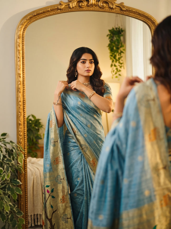 SKY BLUE SOFT COTTON SILK JACQUARD SAREE WITH ZARI BORDER | NATURE-INSPIRED DEER & BIRD MOTIFS DESIGNER SAREE WITH UNSTITCHED BLOUSE PIECE