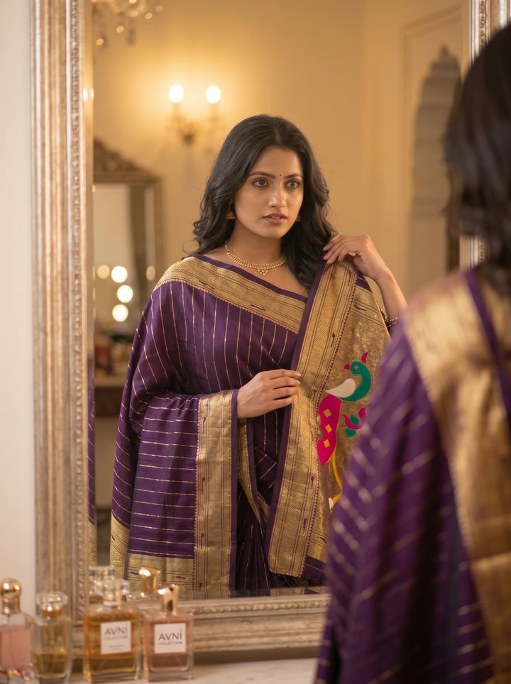 ROYAL WINE SOFT SILK PAITHANI STYLE SAREE WITH PEACOCK MOTIFS & ZARI BORDER | VERTICAL GOLD ZARI LINES FESTIVE SAREE WITH UNSTITCHED BLOUSE PIECE
