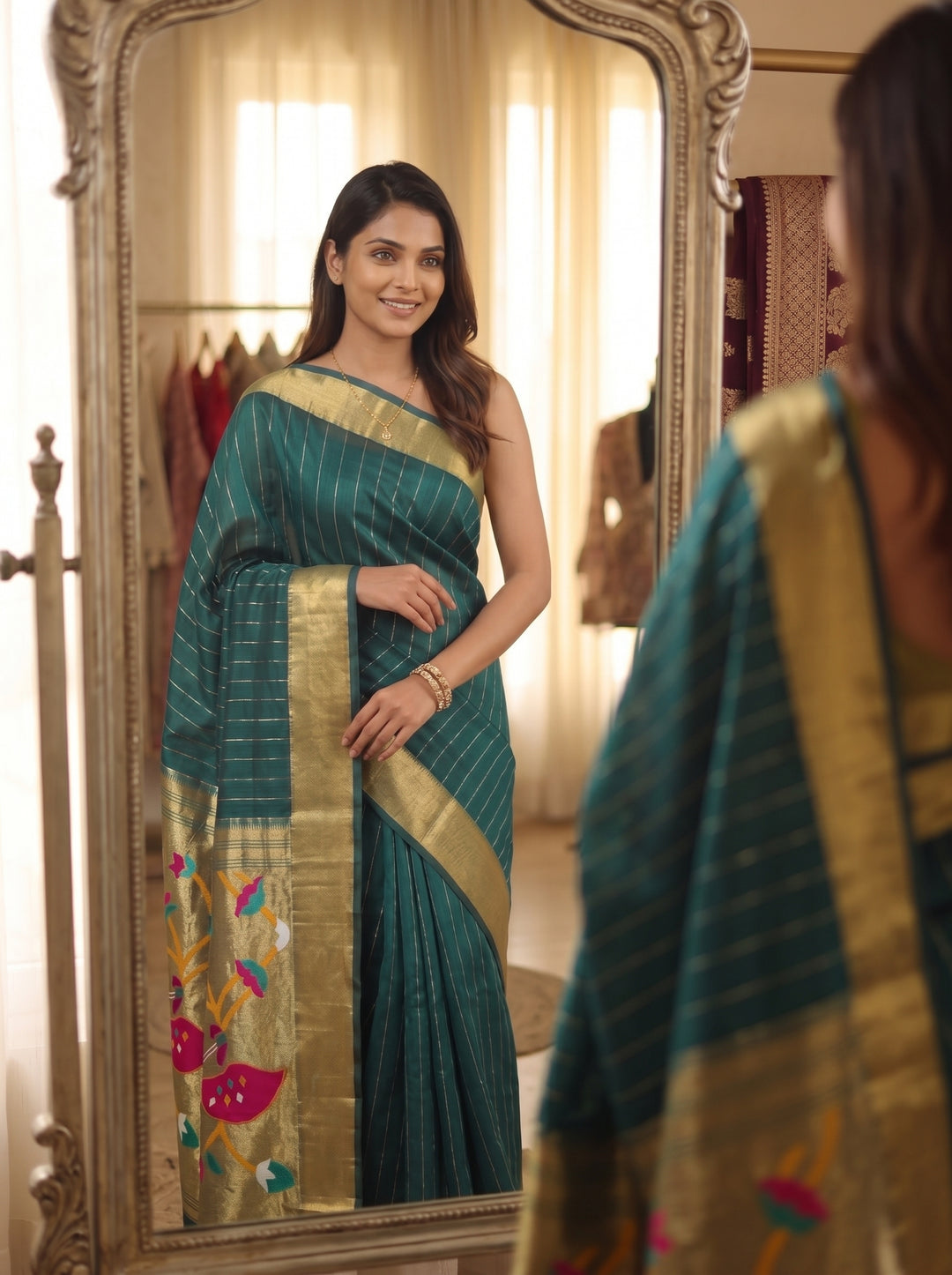 BOTTLE GREEN SOFT SILK JACQUARD PAITHANI SAREE | GOLD ZARI STRIPE PATTERN | TRADITIONAL PEACOCK DESIGN PALLU WITH TASSELS | FULL SIZE SILK SAREE FOR WOMEN