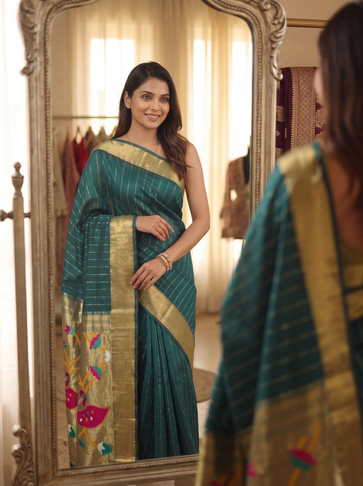 BOTTLE GREEN SOFT SILK JACQUARD PAITHANI SAREE | GOLD ZARI STRIPE PATTERN | TRADITIONAL PEACOCK DESIGN PALLU WITH TASSELS | FULL SIZE SILK SAREE FOR WOMEN