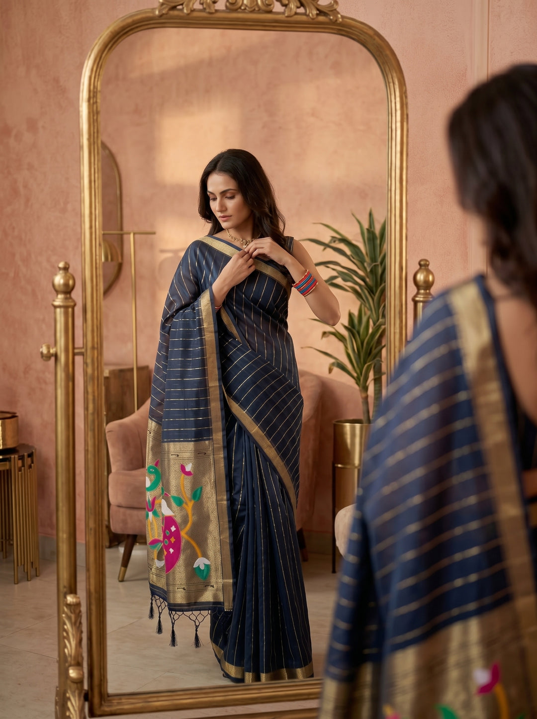 NAVY BLUE SOFT SILK SAREE - TRADITIONAL JACQUARD PAITHANI STYLE WITH MULTICOLORED MOR MOTIFS - SLIM SILHOUETTE GOLD ZARI STRIPE PATTERN