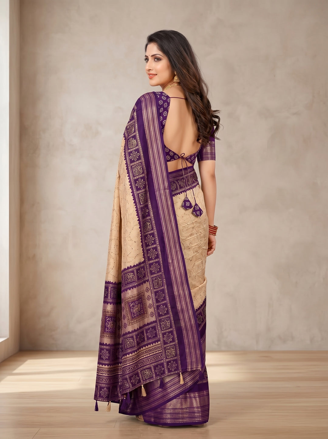 CREAM & ROYAL PURPLE SOFT SILK SAREE - TRADITIONAL ETHNIC PRINTS & JACQUARD BORDER
