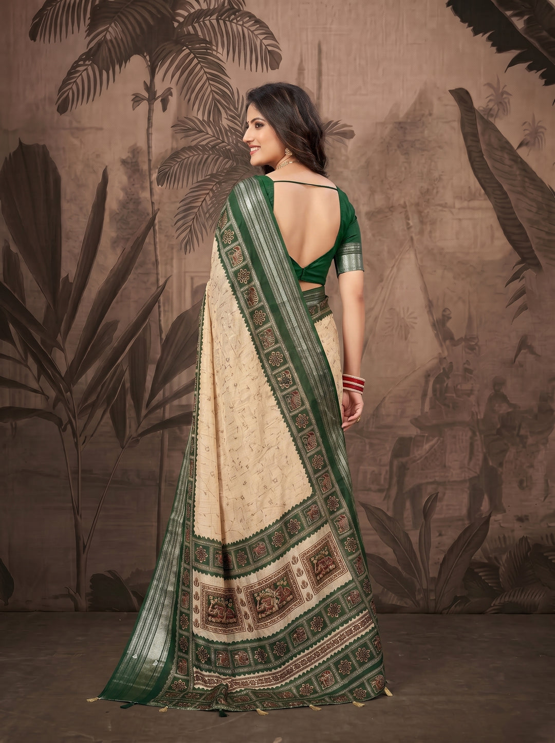 OFF-WHITE CREAM SOFT SILK SAREE - ROYAL PINK BORDER WITH TRADITIONAL CIRCULAR MOTIFS - DESIGNER BOUTIQUE STYLE ETHNIC WEAR FOR FESTIVALS & WEDDINGS
