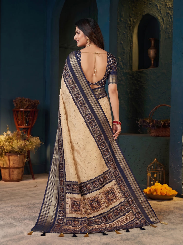 OFF-WHITE CREAM SOFT SILK SAREE - NAVY BLUE BORDER WITH ETHNIC ELEPHANT BLOCK-PRINT DESIGN