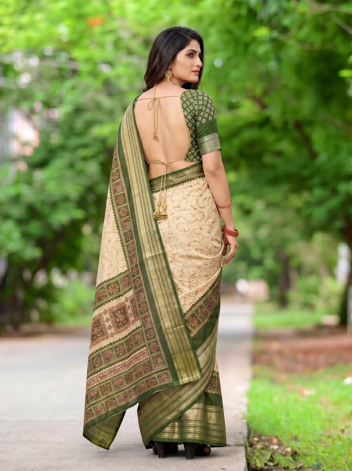 DESIGNER CREAM SOFT SILK SAREE WITH OLIVE GREEN BORDER | TRADITIONAL MOTIF PRINTED PALLU & VERTICAL ZARI STRIPES