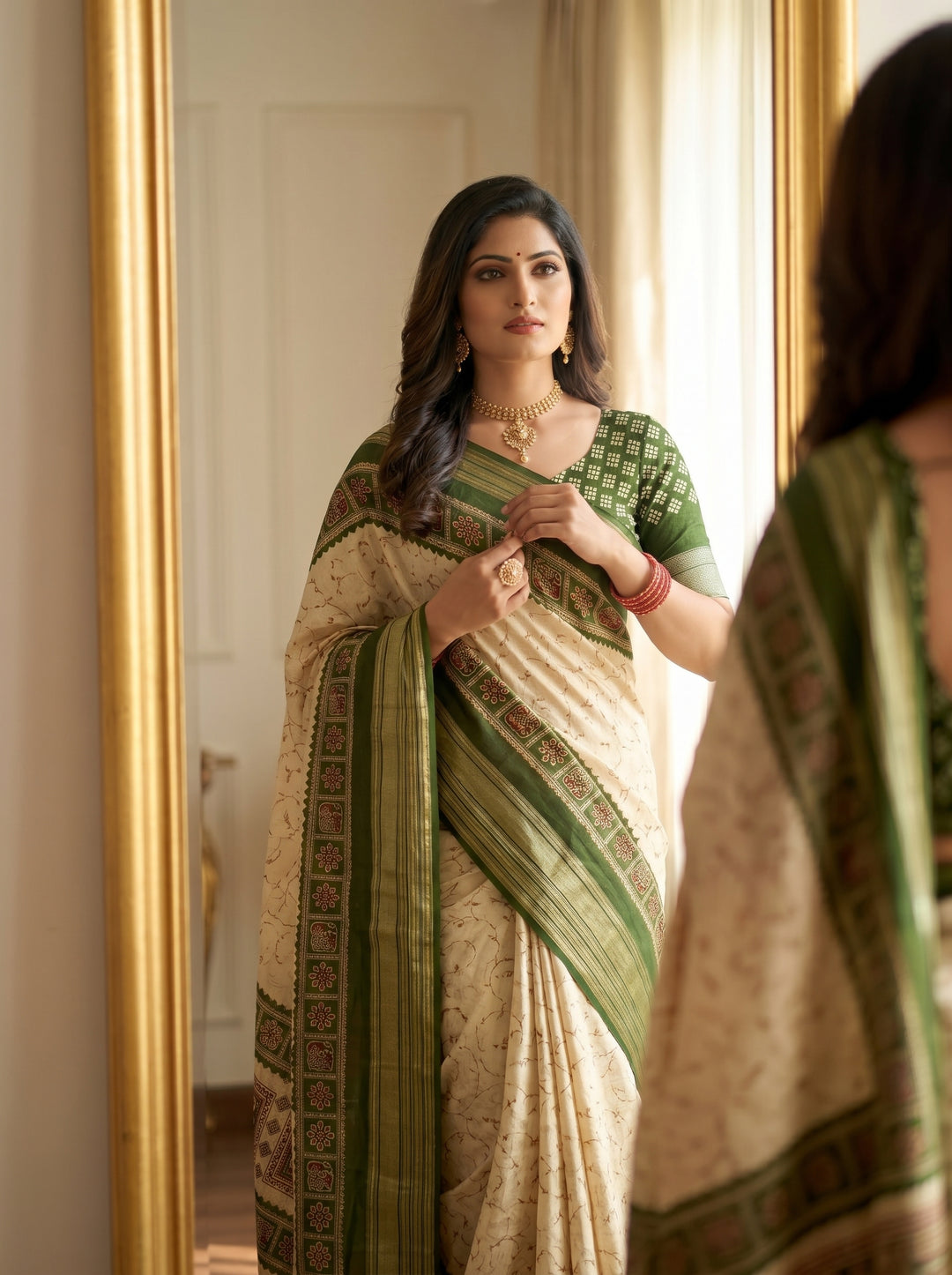 DESIGNER CREAM SOFT SILK SAREE WITH OLIVE GREEN BORDER | TRADITIONAL MOTIF PRINTED PALLU & VERTICAL ZARI STRIPES