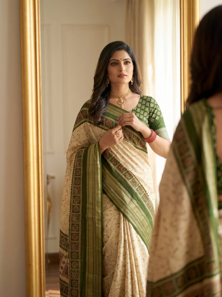 DESIGNER CREAM SOFT SILK SAREE WITH OLIVE GREEN BORDER | TRADITIONAL MOTIF PRINTED PALLU & VERTICAL ZARI STRIPES