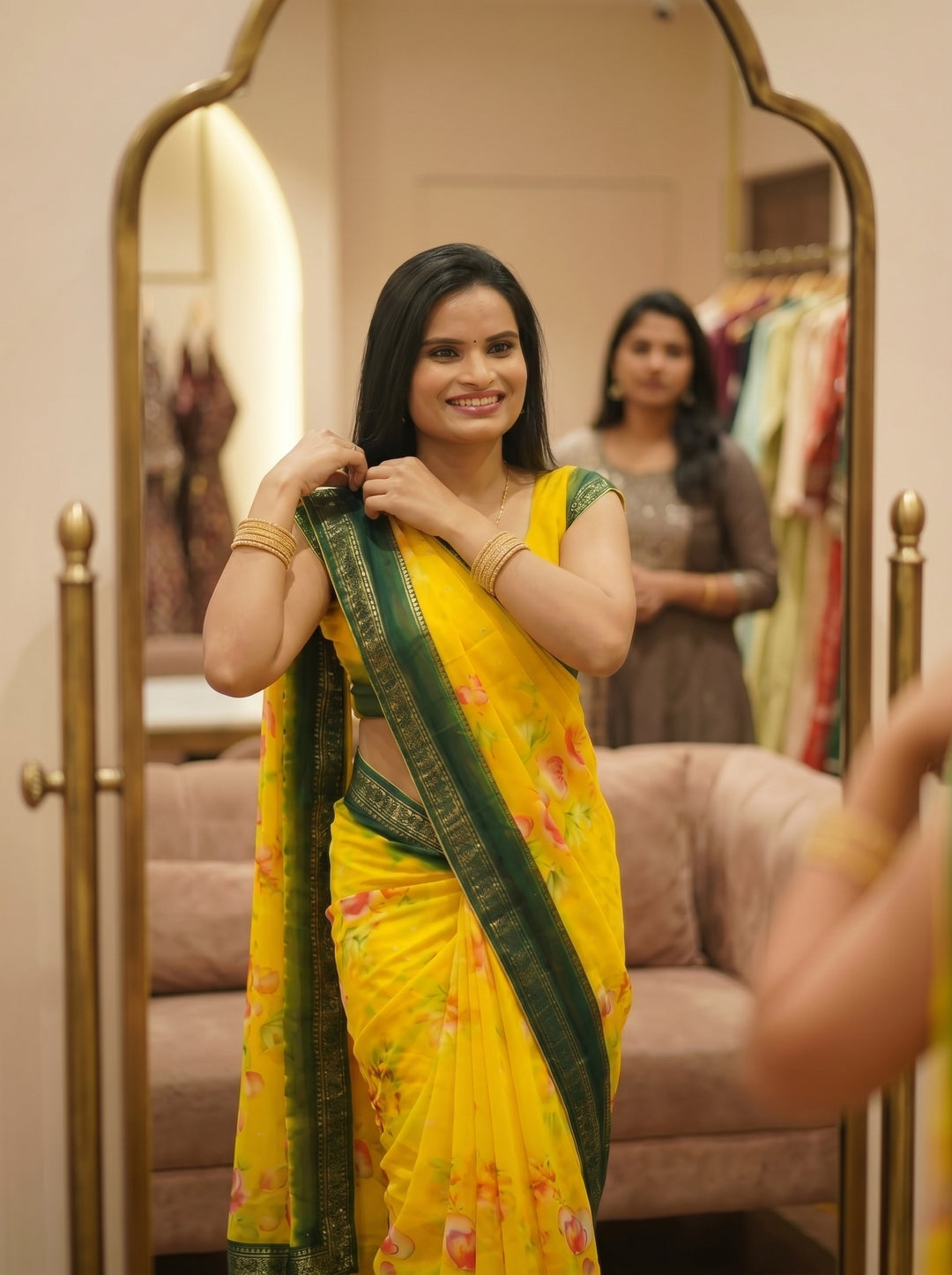 LEMON YELLOW & BOTTLE GREEN FLORAL DIGITAL PRINT SAREE | PREMIUM LIGHTWEIGHT GEORGETTE ETHNIC WEAR