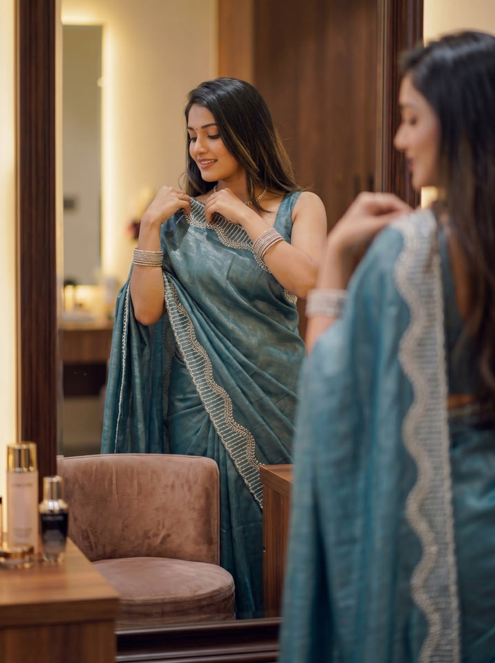 Ocean Teal Shimmer Silk Saree with Designer Scallop Border