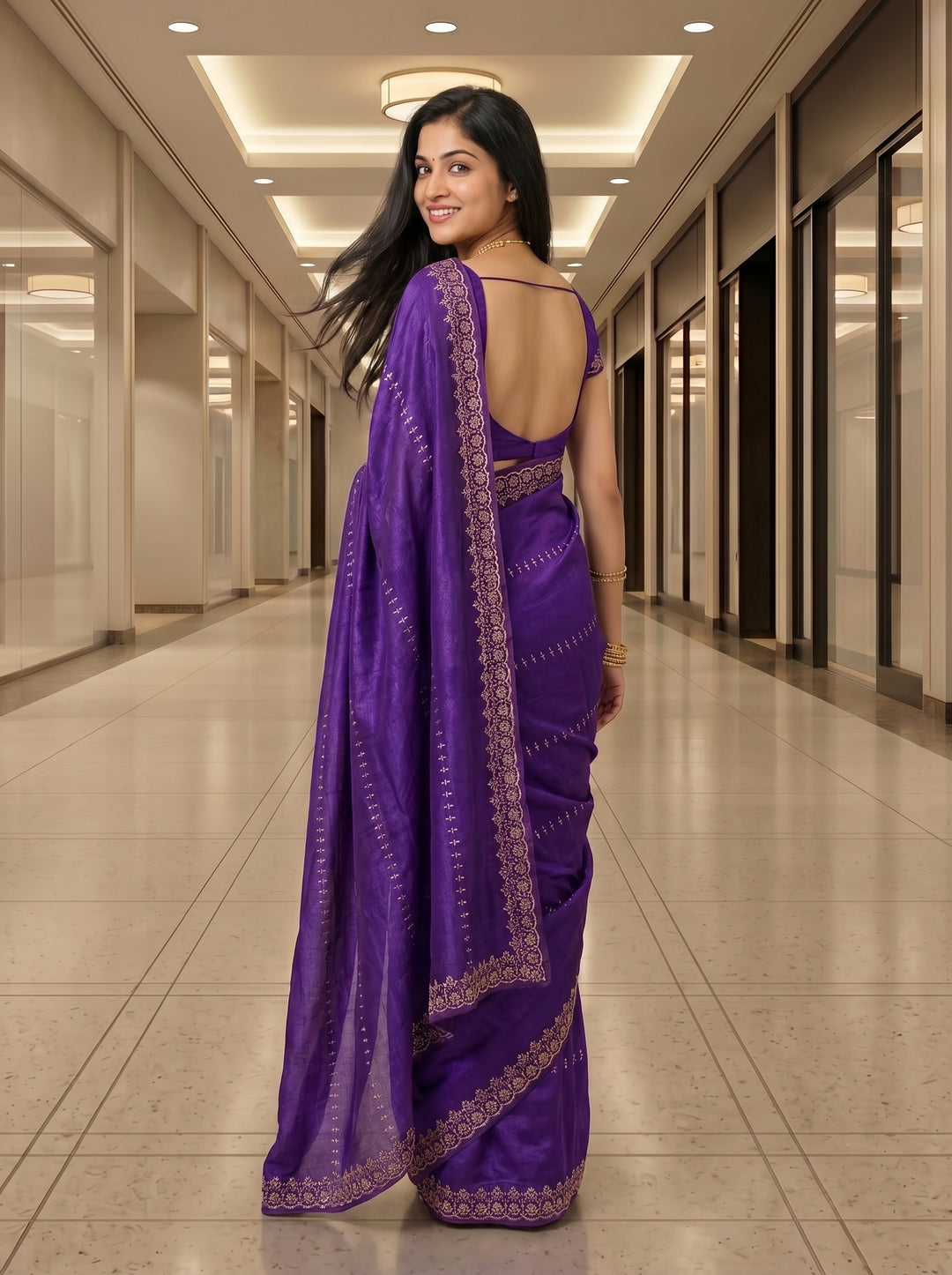 Royal Purple Silk Saree with Rose Gold Zari Border