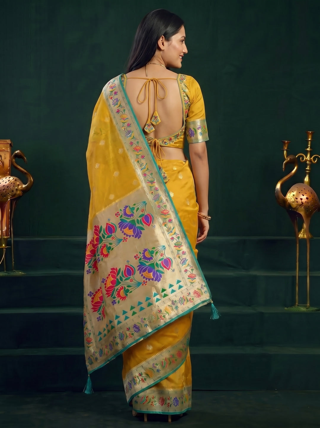 Mustard Yellow Paithani Motif Silk Saree