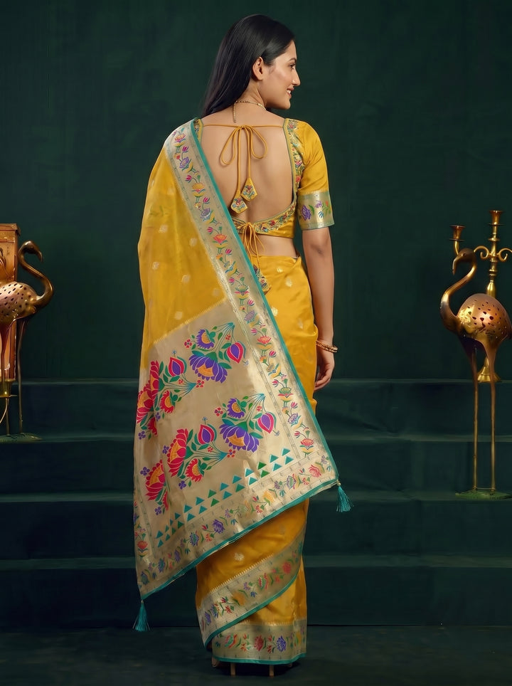 Mustard Yellow Paithani Motif Silk Saree