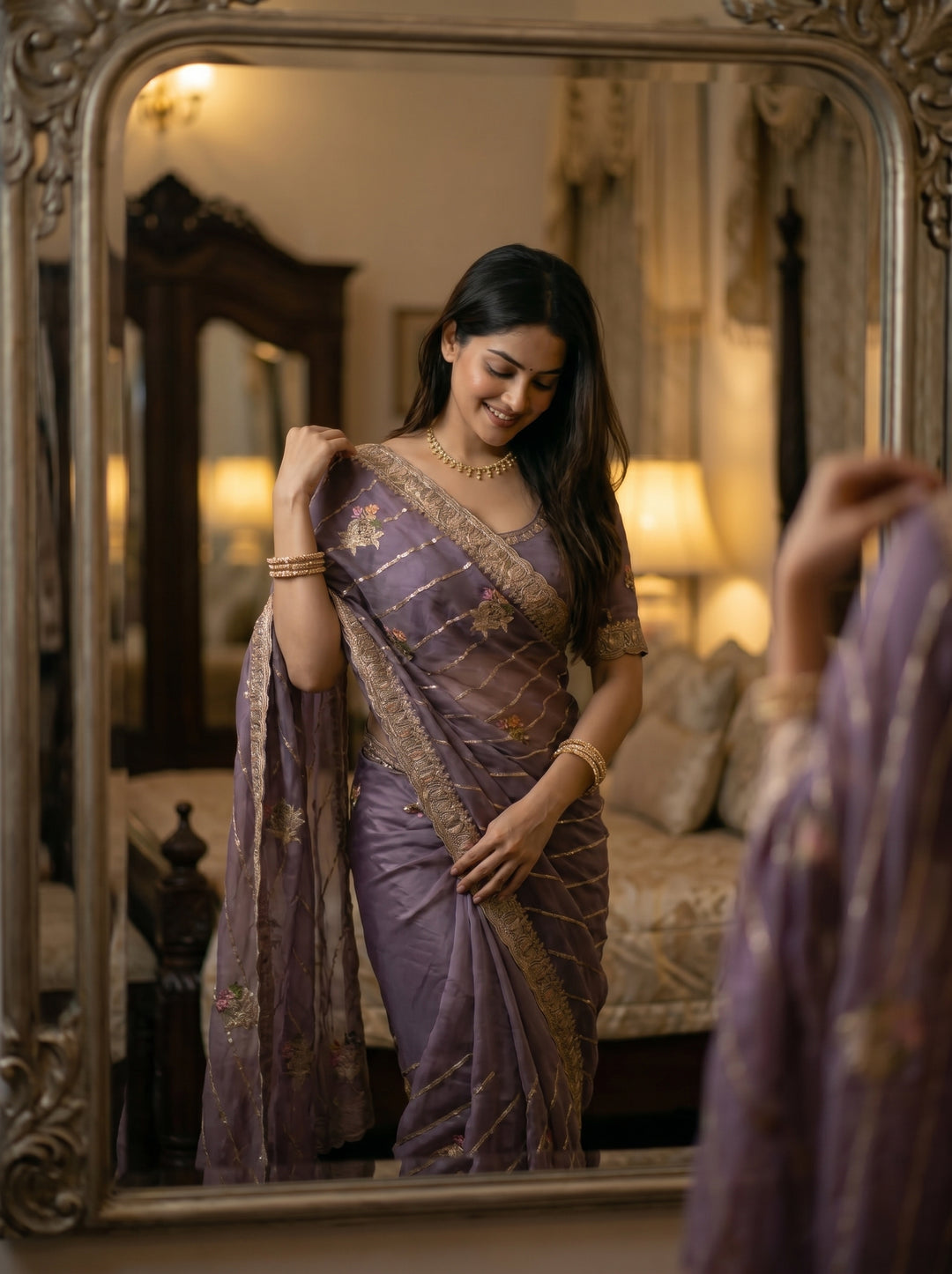 Mauve Organza Silk Leheriya Saree