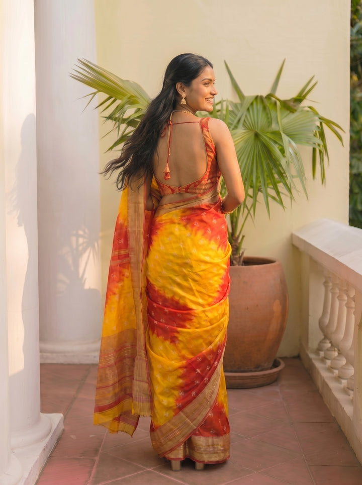 PREMIUM LIGHTWEIGHT GEORGETTE LEHERIYA SAREE WITH GOLDEN BUTTI & ZARI WOVEN BORDER - BLUE & YELLOW