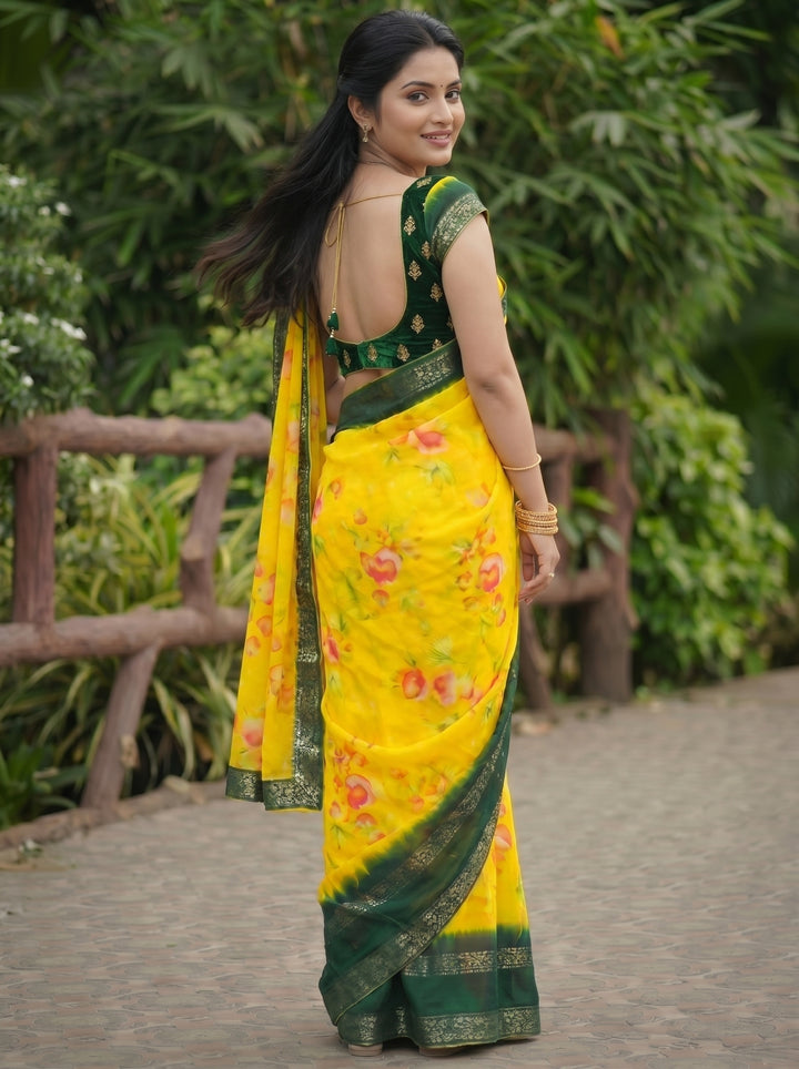 Yellow Floral Print Georgette Saree with Green Border