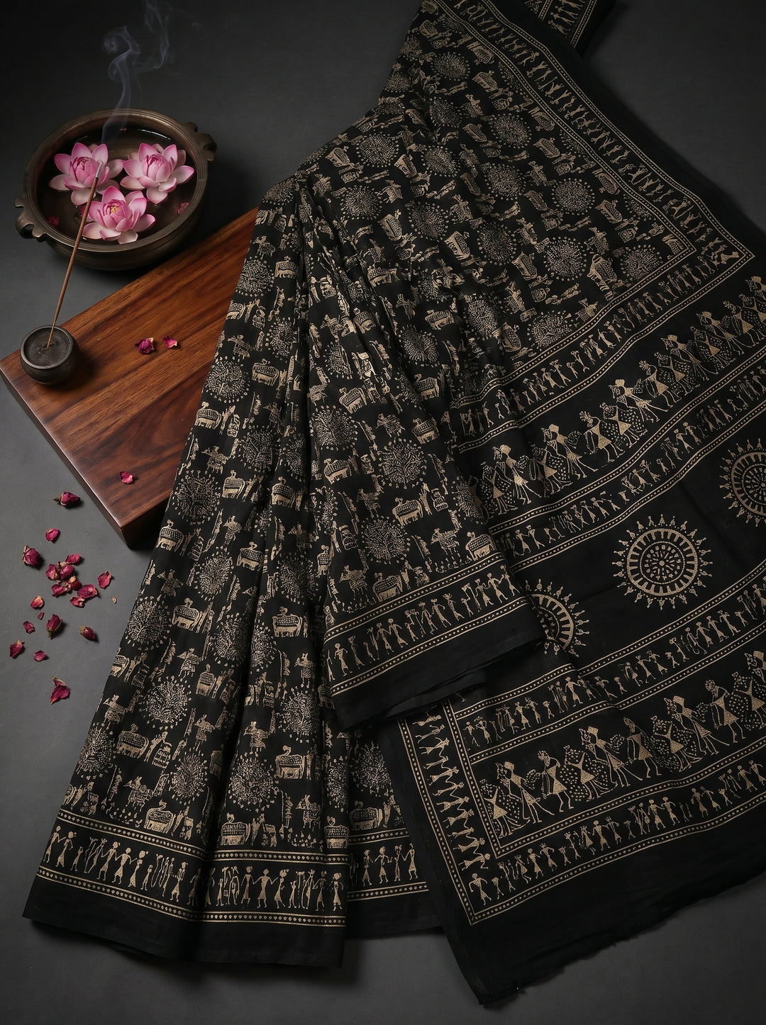 PREMIUM SOFT ART SILK WARLI PRINT SAREE WITH TRADITIONAL TRIBAL ART & MATCHING BLOUSE - BLACK & WHITE