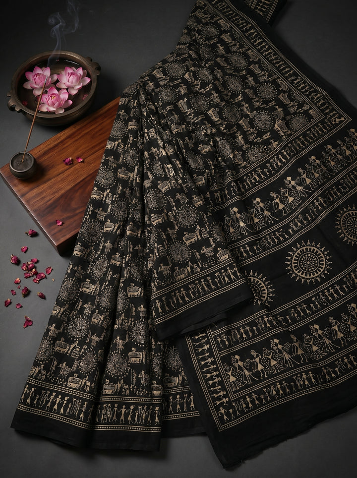 PREMIUM SOFT ART SILK WARLI PRINT SAREE WITH TRADITIONAL TRIBAL ART & MATCHING BLOUSE - BLACK & WHITE
