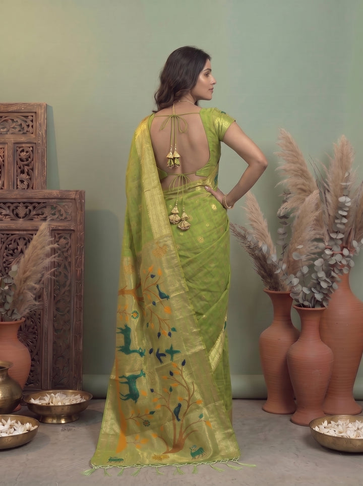 MEHENDI GREEN SOFT COTTON SILK JACQUARD SAREE WITH GOLDEN ZARI BORDER | DEER & TREE MOTIF DESIGNER SAREE WITH UNSTITCHED BLOUSE PIECE